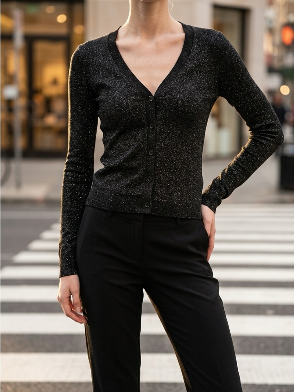 Black Sparkle V-Neck Cardigan XS Slim Fit Button Front Metallic Shimmer NWT